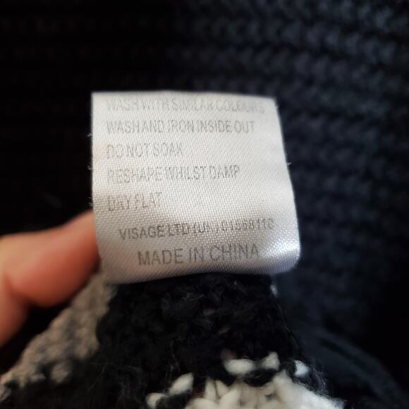 Black + White Striped  Open Front Fringe Poncho Cardigan M/L Boho Fall Layering - Picture 15 of 15